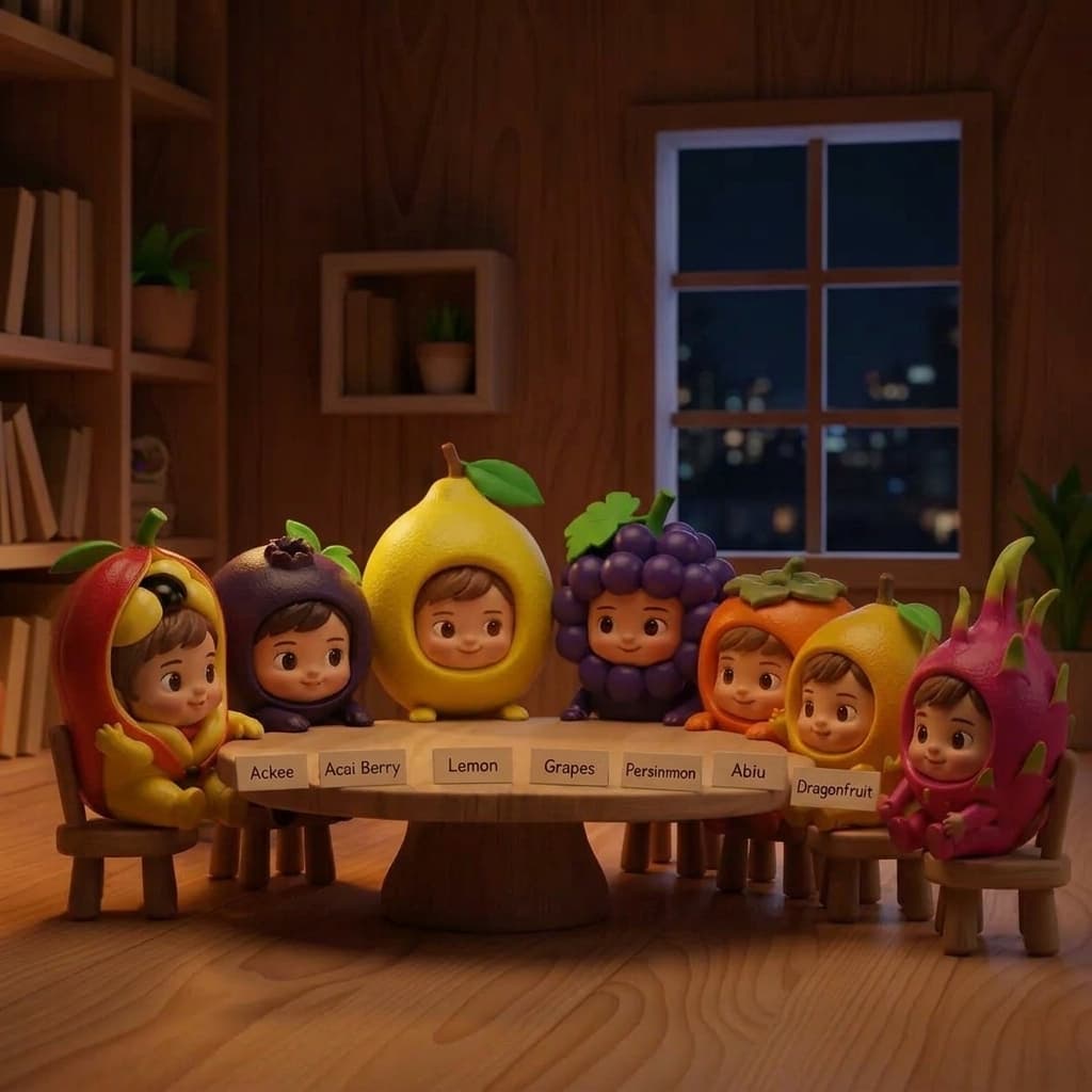 Fruit characters gathered around a table at night