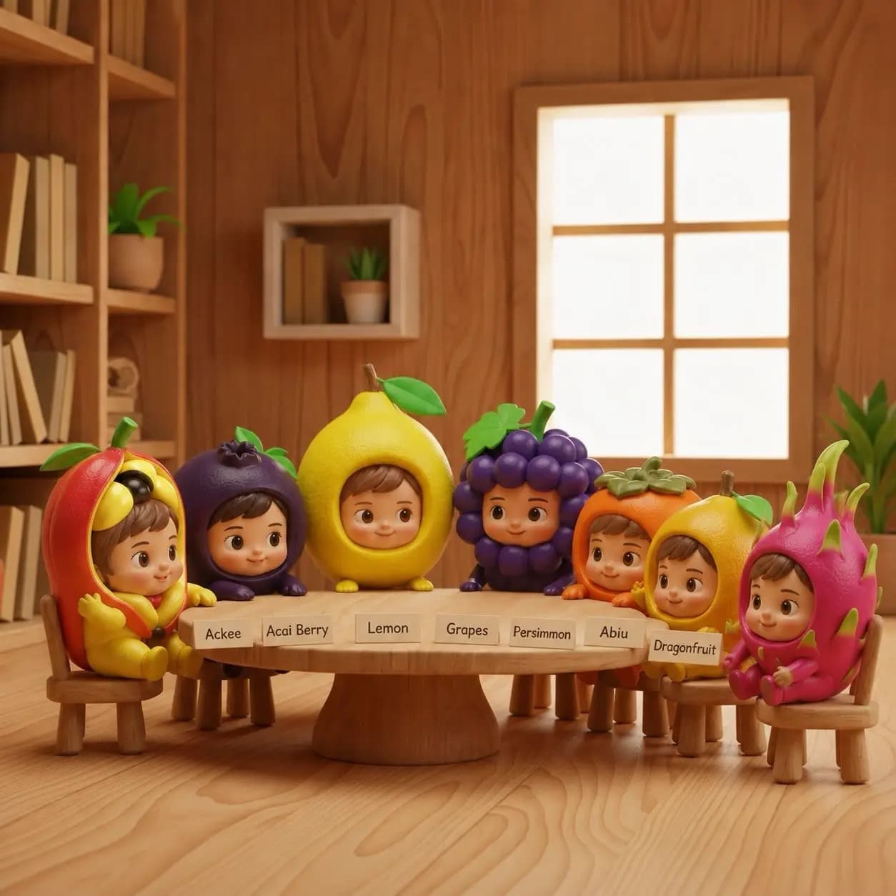 Fruit characters gathered around a table